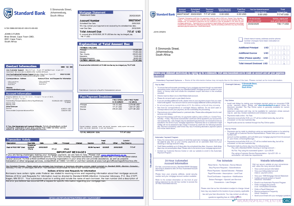 Download South Africa Standard bank mortgage statement in Word and PDF formats 1 2 Photoshop template